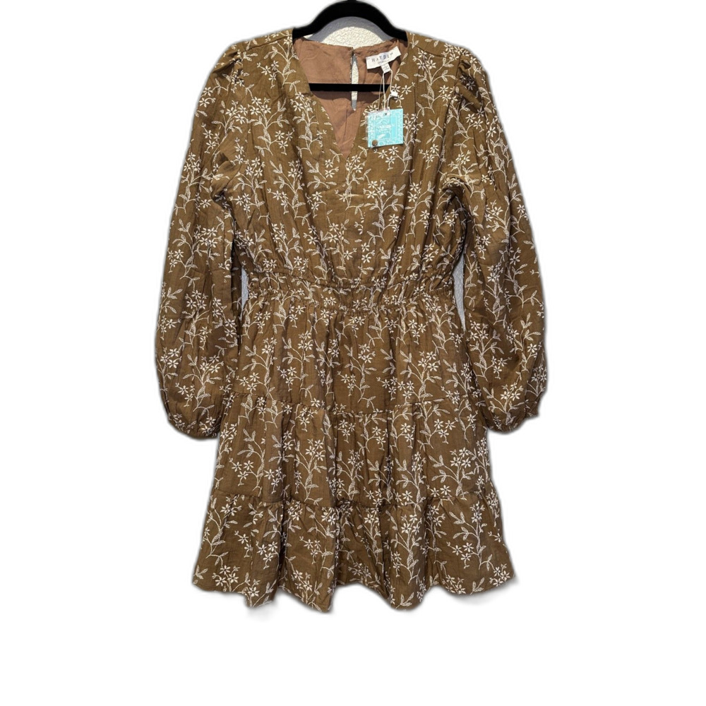 NWT Hayden LA Long Sleeve Brown with White Floral Tiered Dress in size Large